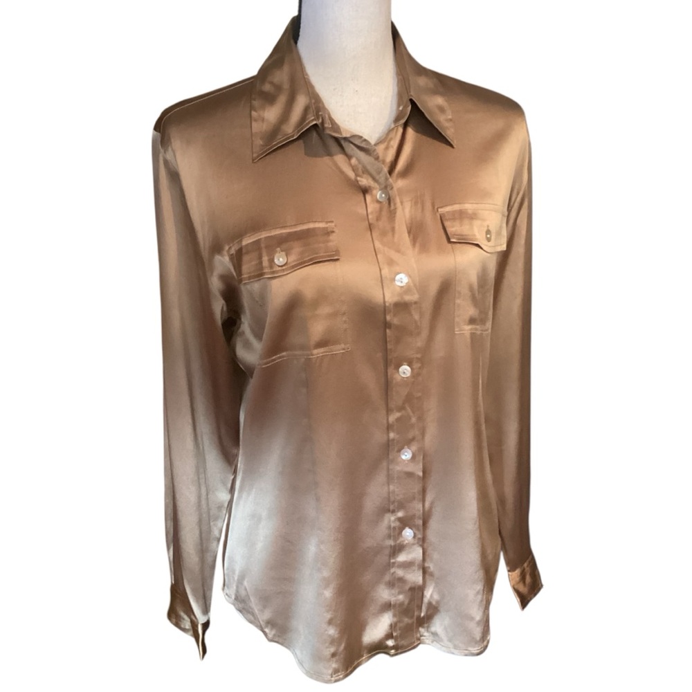 Chico’s Silk Gold Color‎ Long Sleeve Button Down Blouse Size Medium